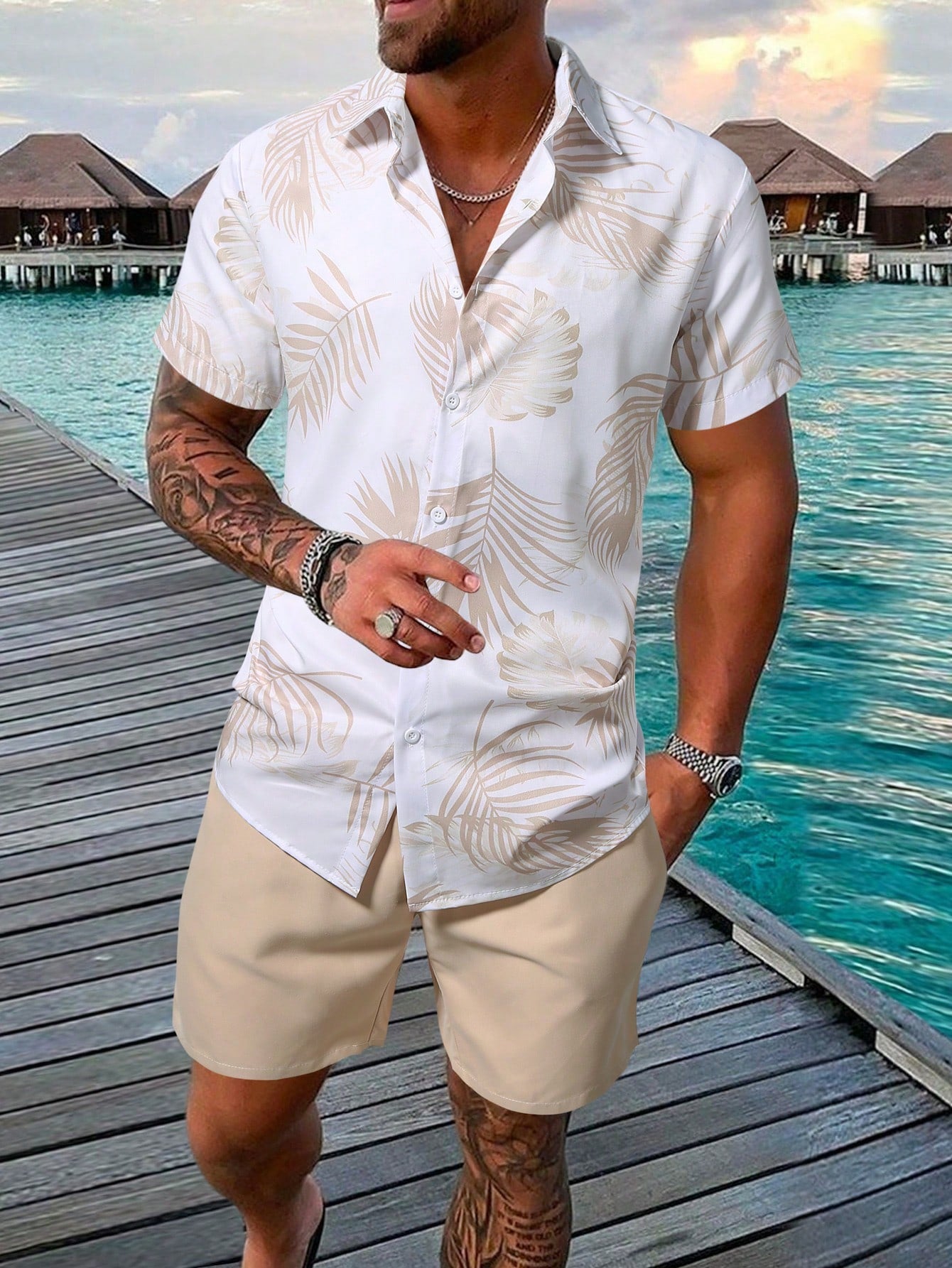 Men's Vacation Plant Printed Short Sleeve Shirt And Plain Shorts 2 Piece Set, Summer Clothes Casual Wear