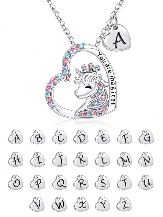 Girl's Unicorn Gift, Silver Plated Letters A-Z Girl's Heart Shaped Unicorn Necklace Jewelry Initial Unicorn Necklace Birthday Gift Girl's Teen Unicorn Gift