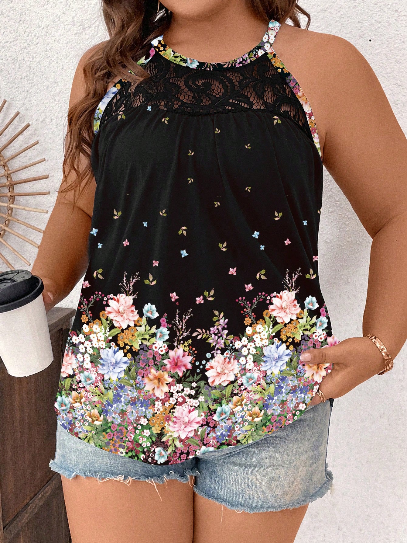 Plus Size Solid Color Lace Splicing Halter Neck Tank Top