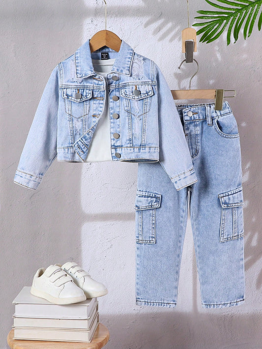 Young Boy Flap Pocket Denim Jacket & Jeans Without Tee