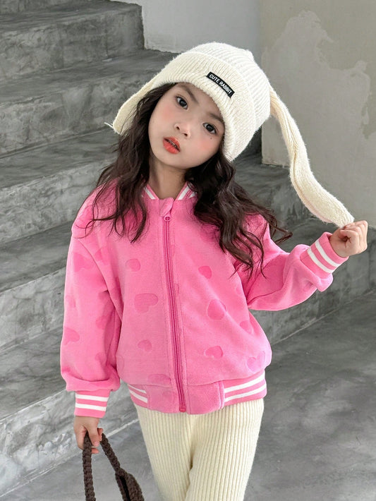 Kids Girls' Cute Casual Plush Heart Baseball Jacket For Everyday Wear