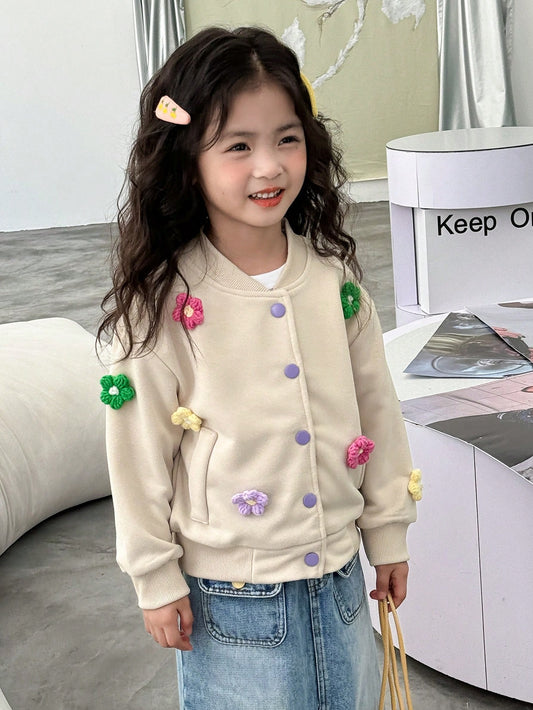 Kids Toddler Girls Casual Flower Decor Faux Pocket Long Sleeve Baseball Jacket Hoodie, Comfortable Everyday Outfit For School Season