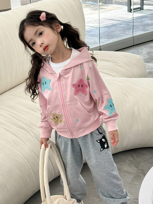 Kids Young Girl 1pc Autumn Cute And Fun Daily Wear Comfortable 3D Cartoon Multicolored Star Embroidery Decor Double-Pocket Loose Hooded Jacket With Zipper Casual School Outfit