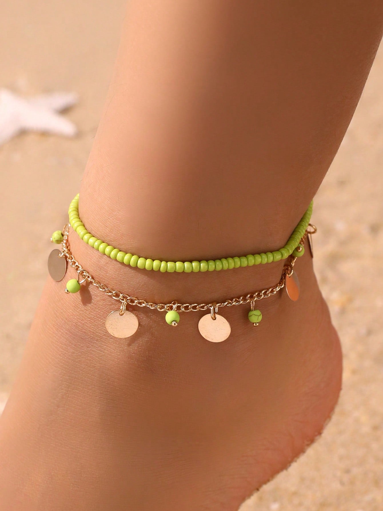 2pcs/Set Children's Summer Fashionable Simple Round Charm Anklet, Popular Beach Foot Jewelry With Pearl Pendant