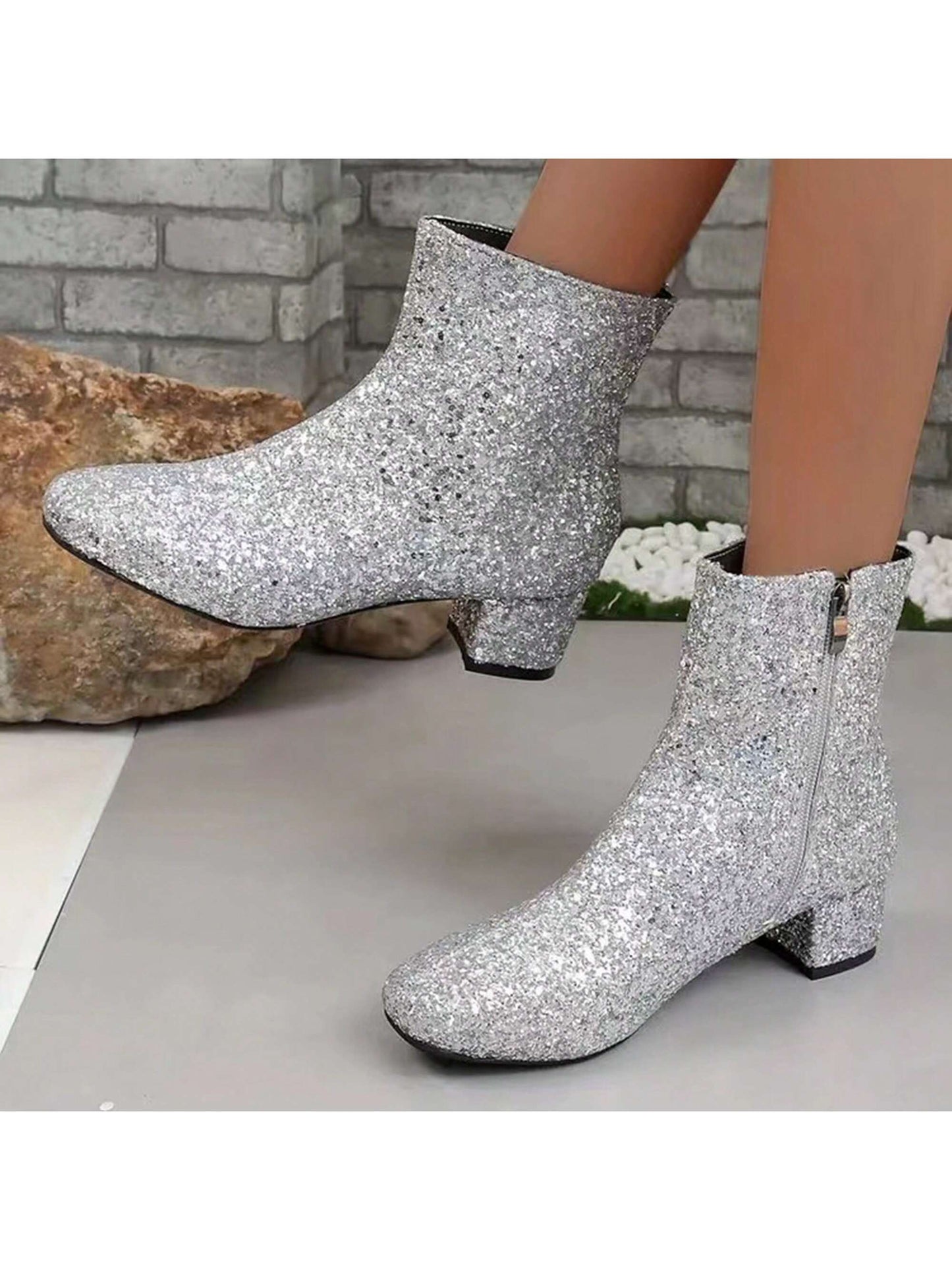 Plus Size Women's Round Toe Chunky Heel Shiny Boots In Pink Glitter, Cute Low Tube Fashionable Autumn And Winter Footwear