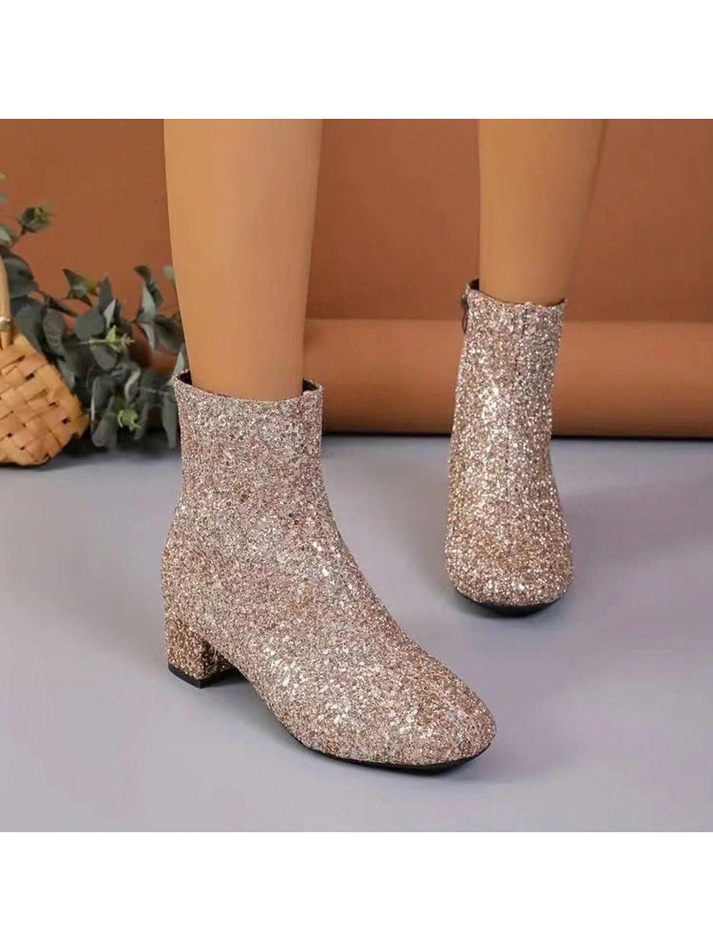 Plus Size Women's Round Toe Chunky Heel Shiny Boots In Pink Glitter, Cute Low Tube Fashionable Autumn And Winter Footwear