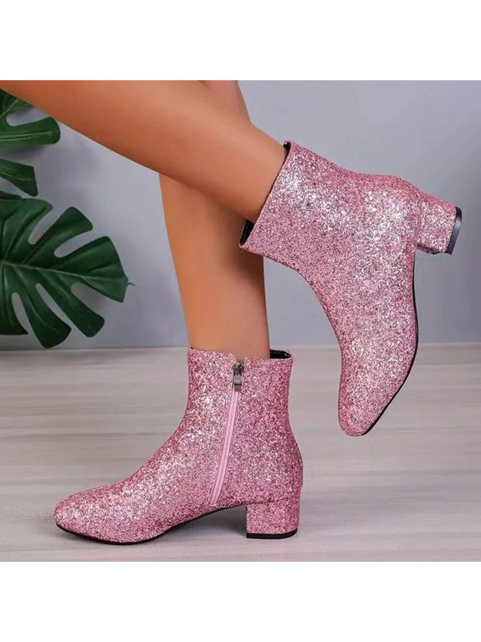 Plus Size Women's Round Toe Chunky Heel Shiny Boots In Pink Glitter, Cute Low Tube Fashionable Autumn And Winter Footwear