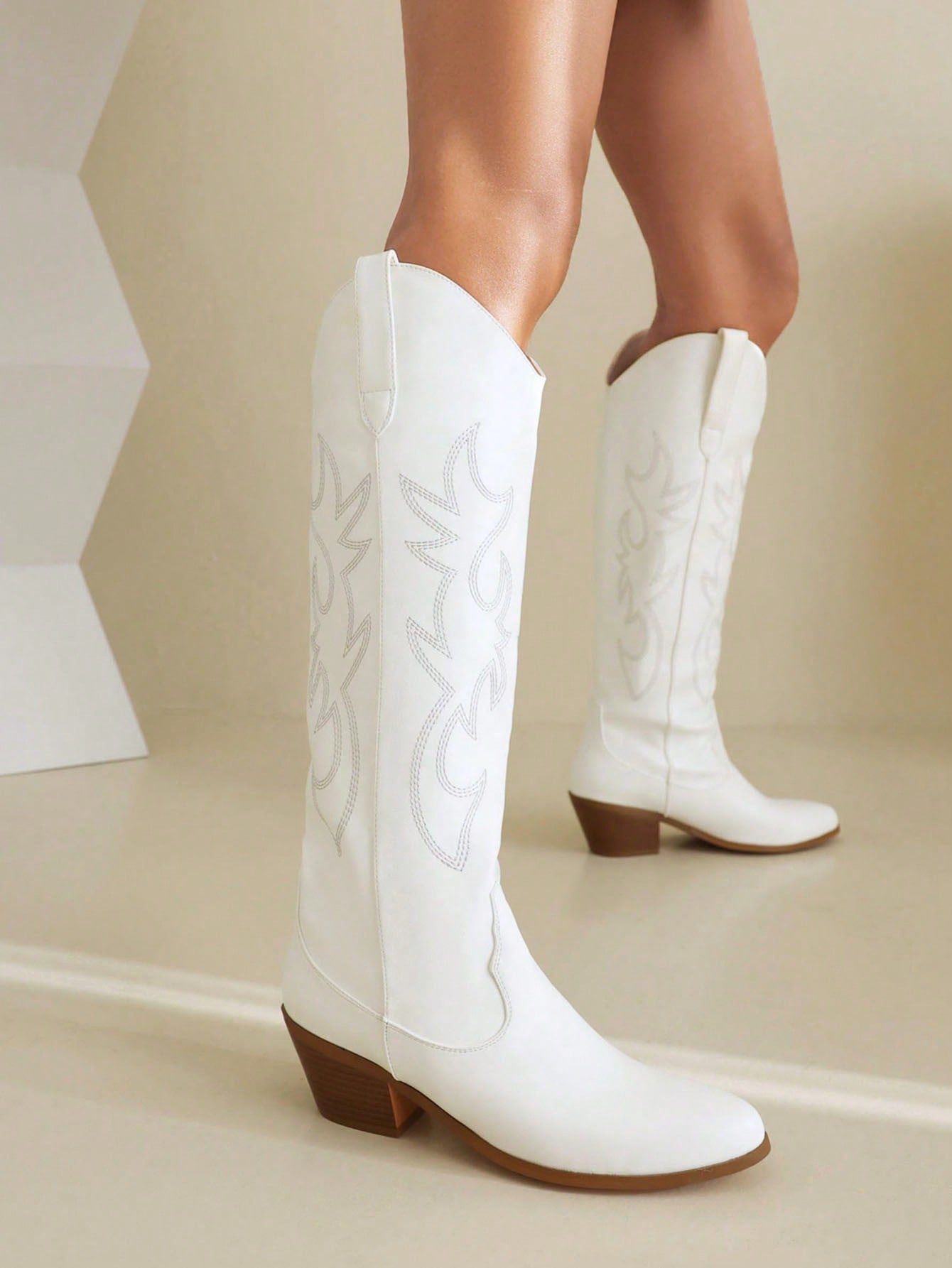 Embroidered Cowboy Boots For Women Pointed Toe Block Chunky High Heels Knee High Western Cowgirl Boots