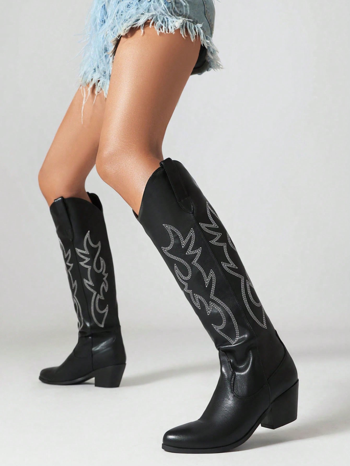 Embroidered Cowboy Boots For Women Pointed Toe Block Chunky High Heels Knee High Western Cowgirl Boots