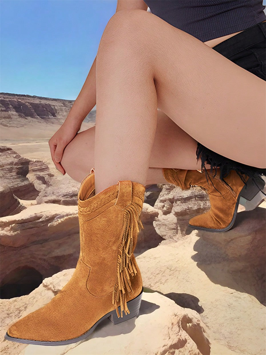 Tassels Western Women Boots Faux Suede Retro Cowboy Cowgirl Mid Calf Boots Vintage Shoes