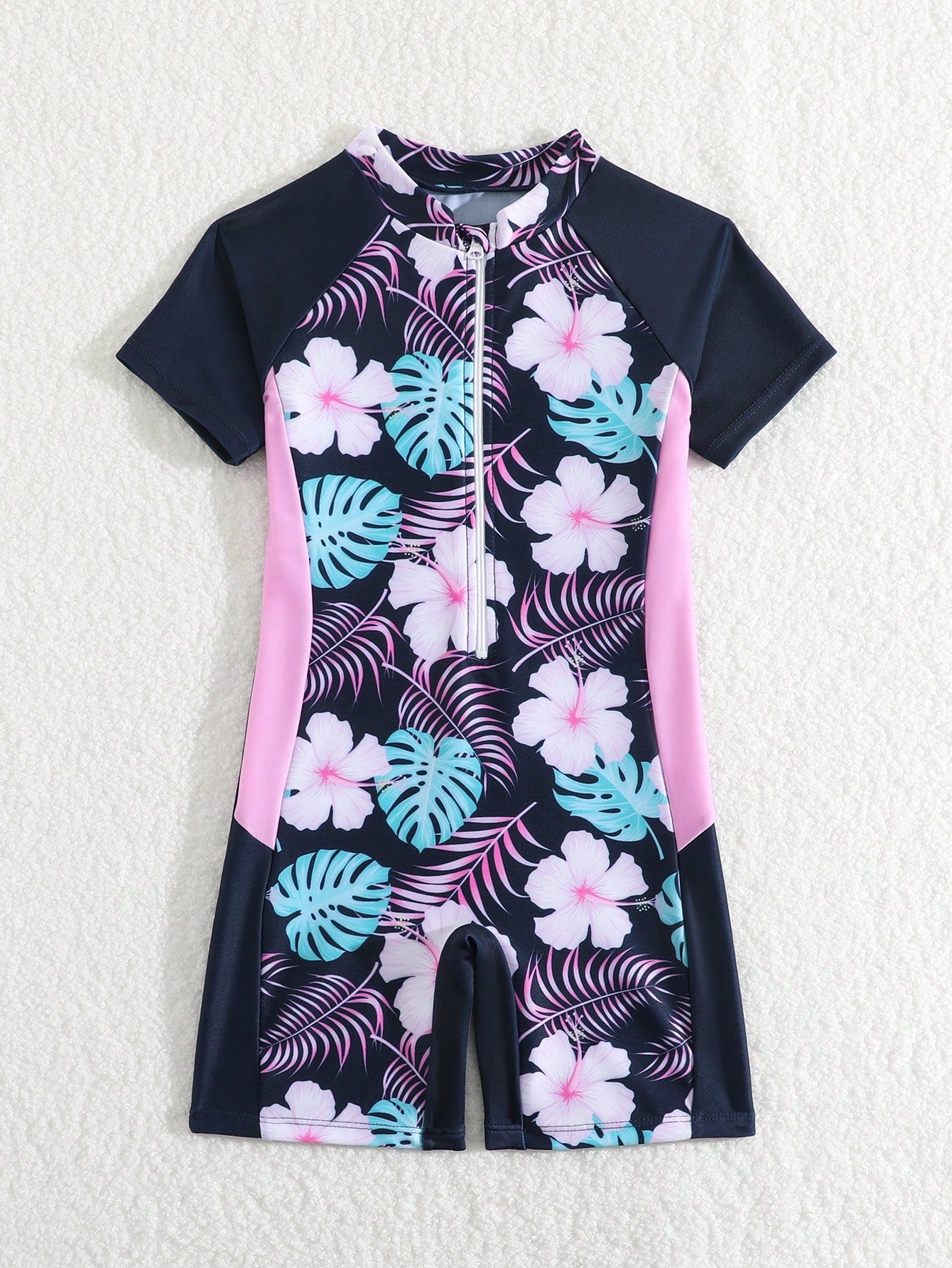 Young Girl Tropical Printed Zipper Front One-Piece Swimsuit