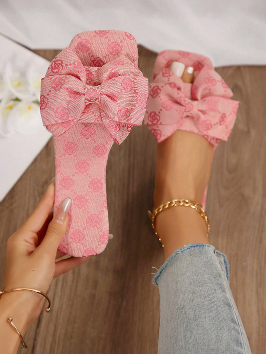 Pink Bowknot Retro Pattern Slippers, Women's Trendy Beach Flat Sandals, Slip-Resistant, Summer & Autumn New Arrival Open-Toe Slides