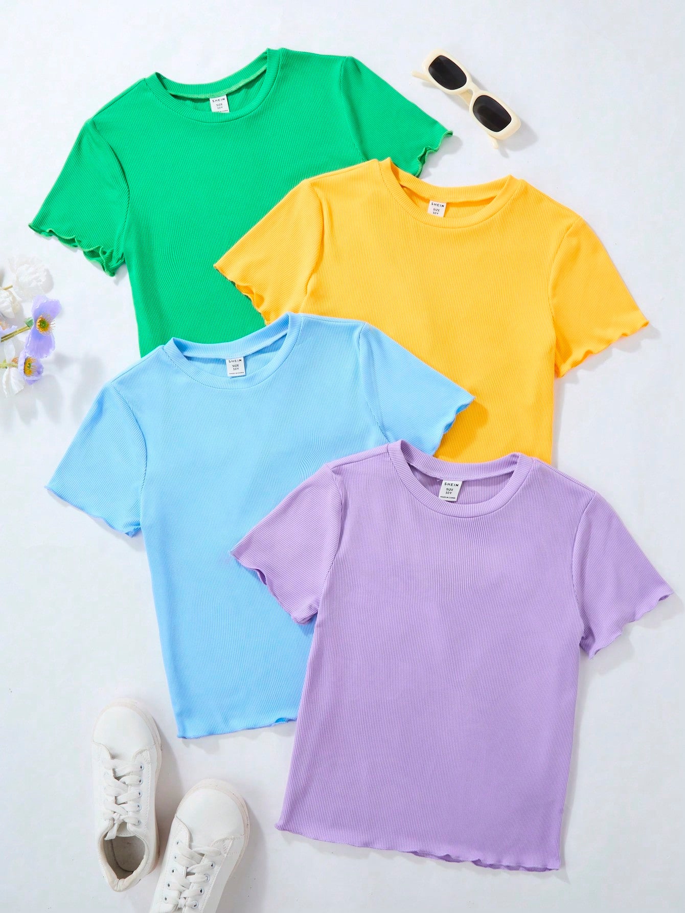 Tween Girls' Short Sleeve T-Shirt Set In Black, White, Blue And Pink, Made Of Ribbed Clean Fabric For A Versatile Summer Outfit