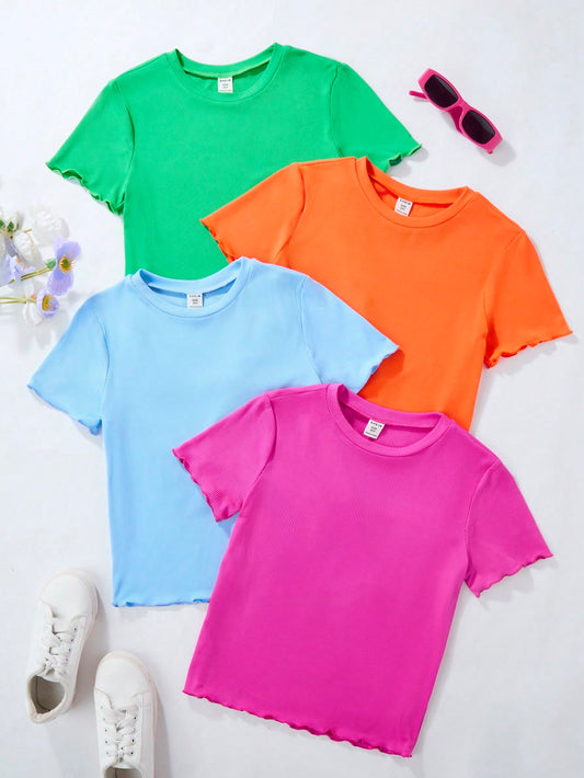 Tween Girls' Short Sleeve T-Shirt Set In Black, White, Blue And Pink, Made Of Ribbed Clean Fabric For A Versatile Summer Outfit