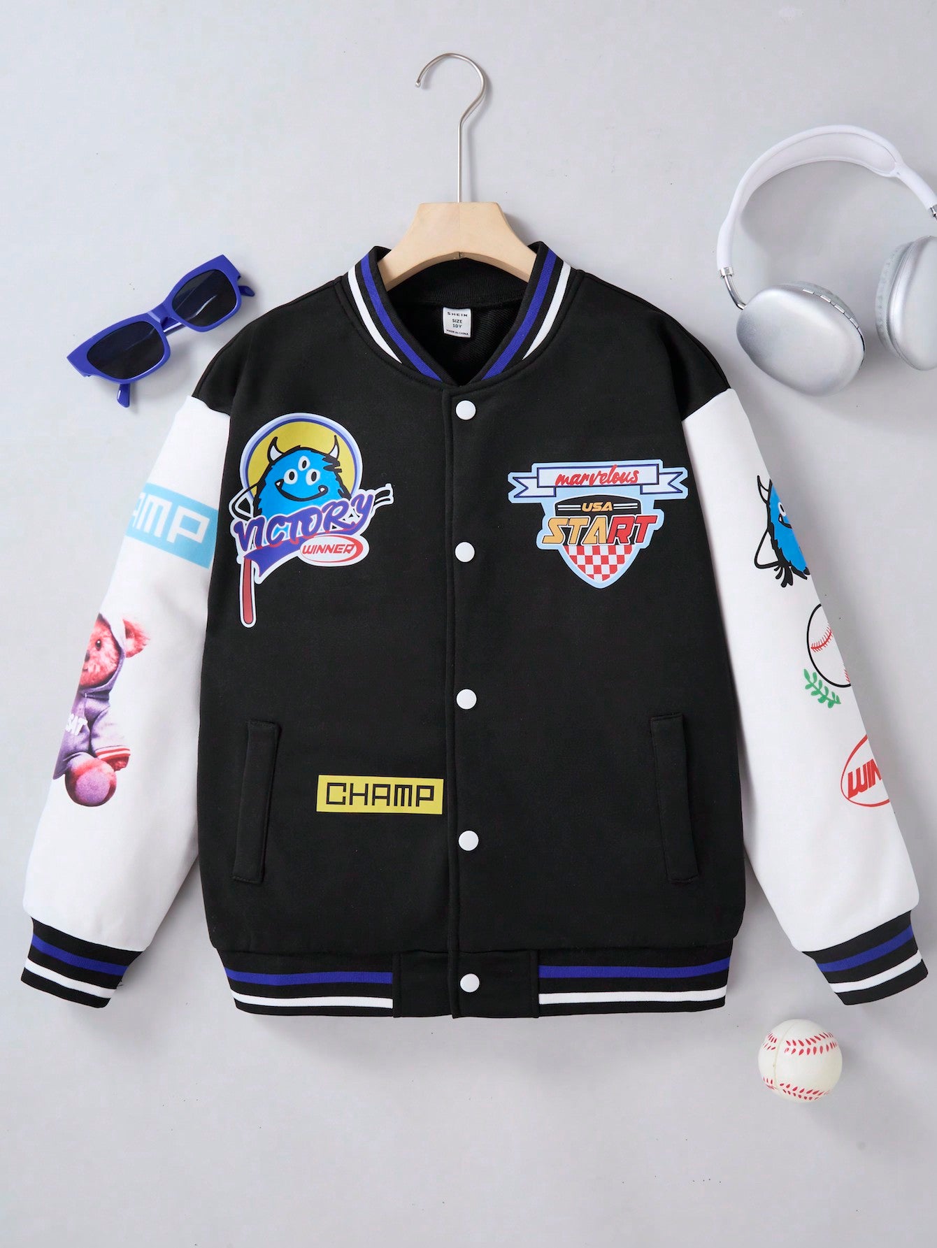 Black & White Spliced Baseball Jacket, Cute Cartoon Printed, Suitable For Tween Boys, Spring/Autumn/Padded Coat, Matches Well With T-Shirts And Sweatshirts