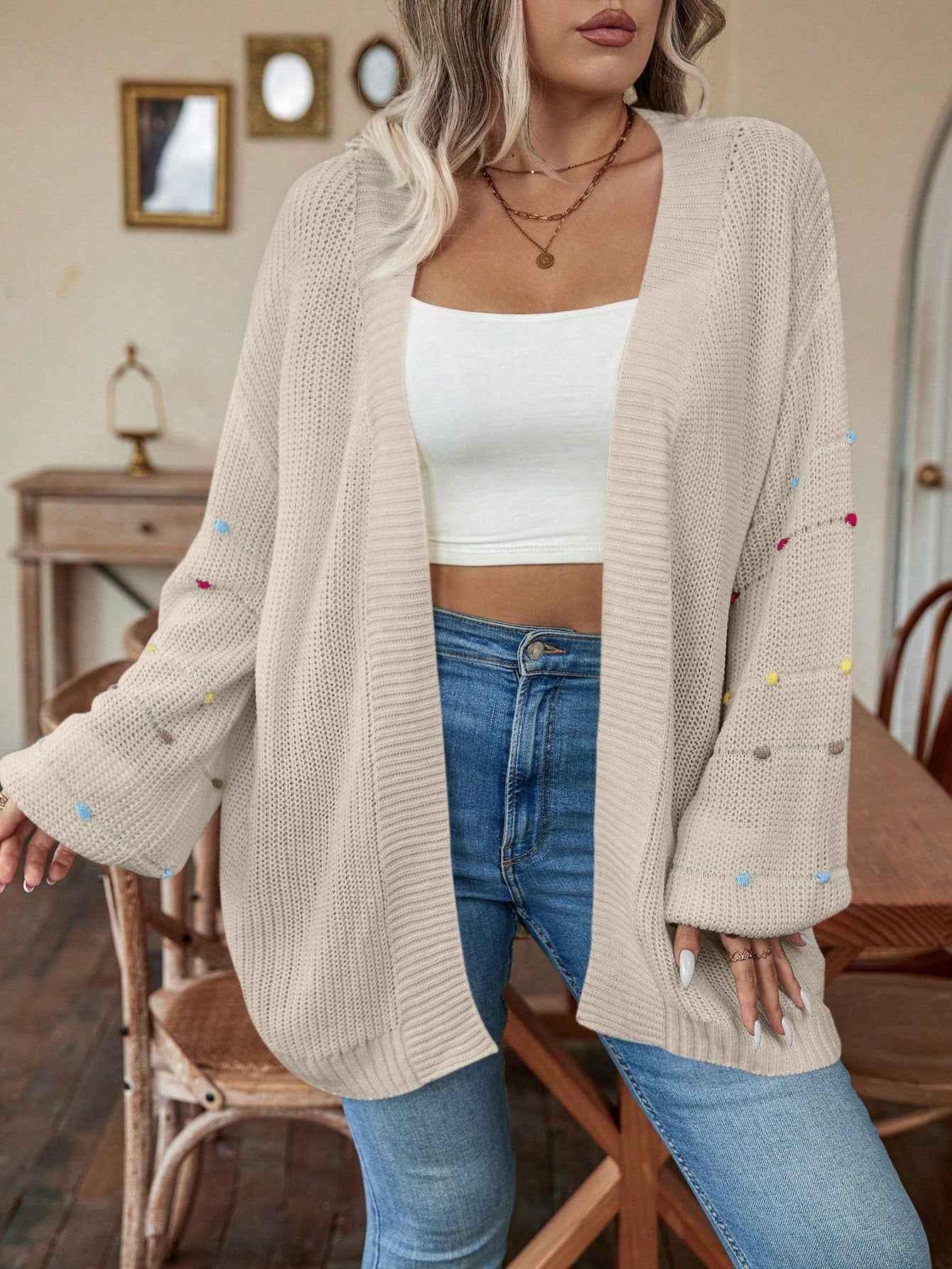 Plus Size Women's Loose Fit Casual Cardigan With Patchwork And Pom Poms, Drop-Shoulder Design For Spring And Autumn