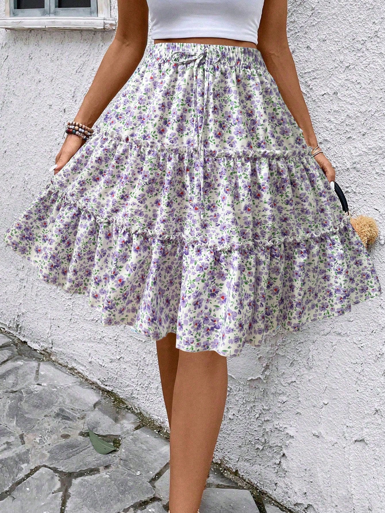 Women's Mixed Ditsy Floral Wrap Layered Ruffle Skirt