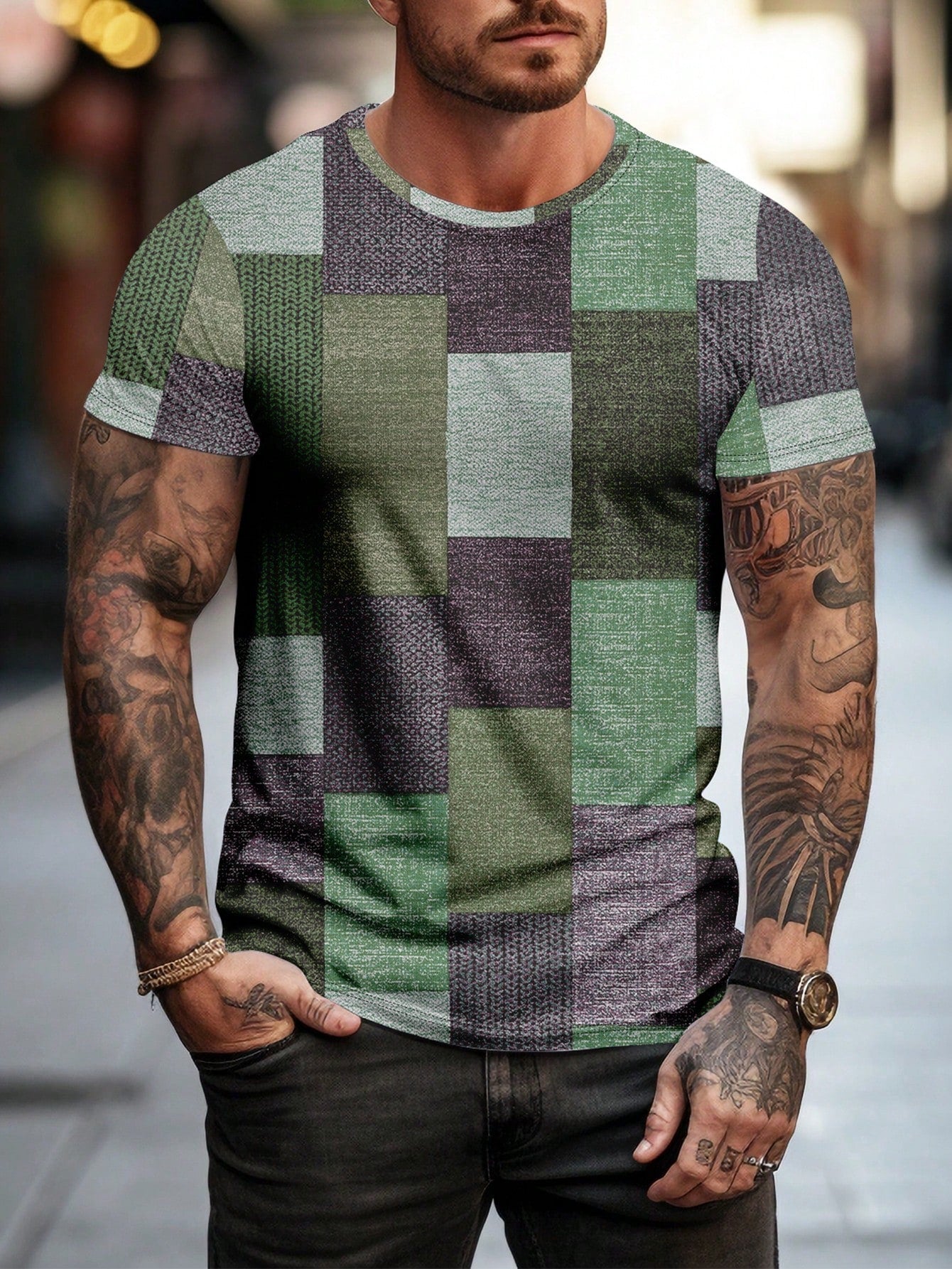 Men's Plus Size Geometric Printed Round Neck Short Sleeve Casual T-Shirt, Summer