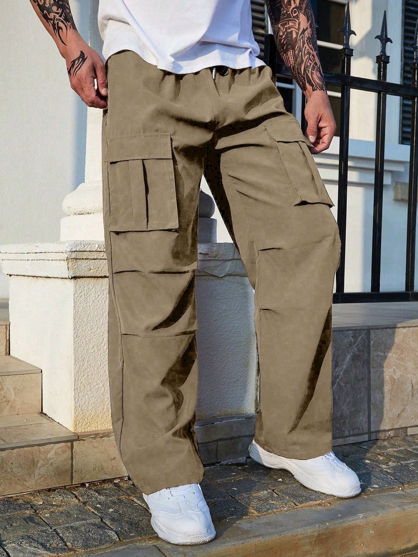 Loose Fit Men's Plus Size Cargo Pants With Side Flap Pockets