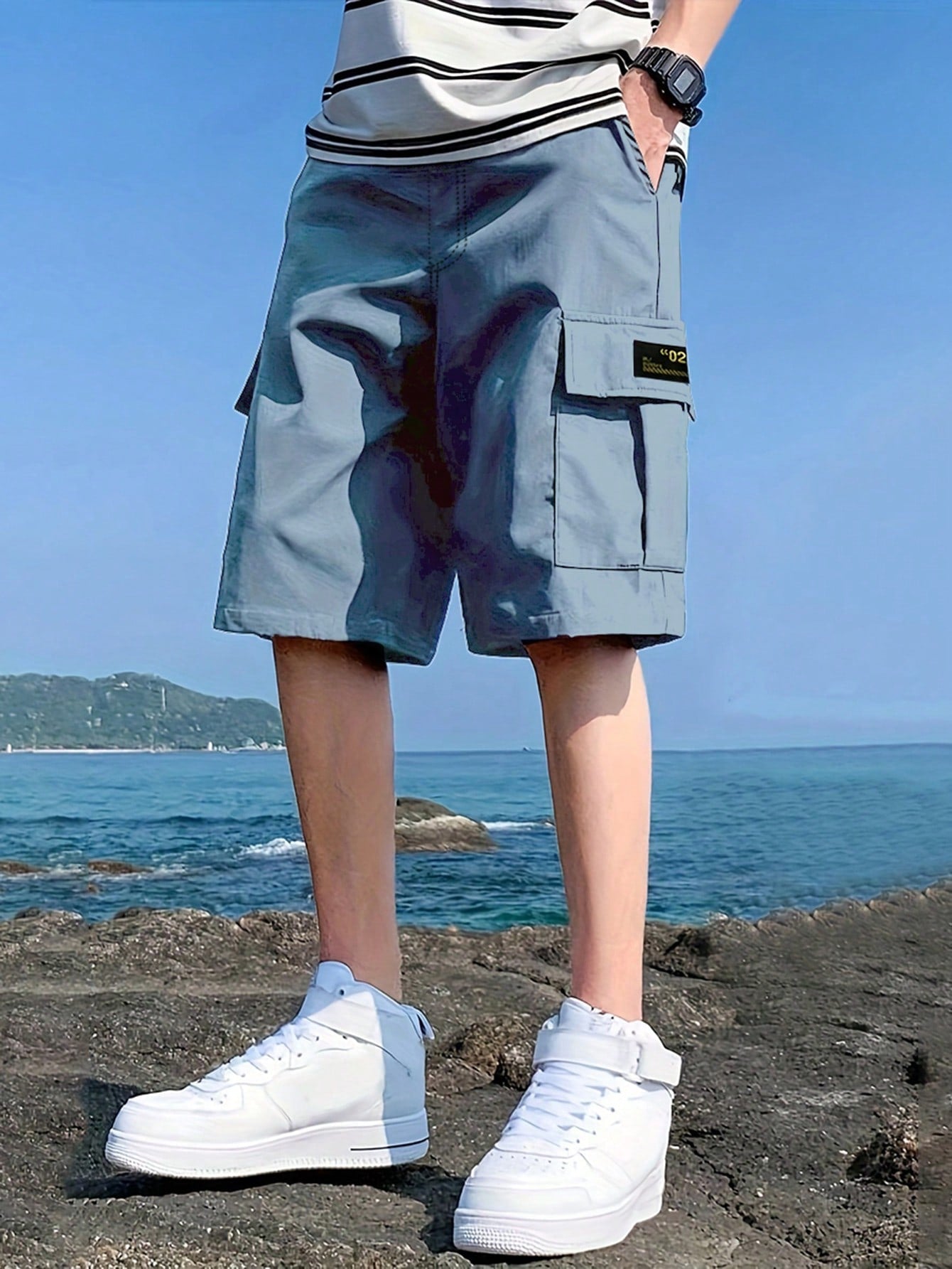 1pc Tween Boy Casual Sports Outdoor Pocket Fashion English Letter Heat Transfer Patch Cargo Shorts, Spring And Autumn