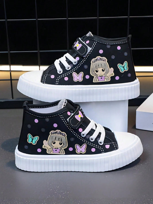 1pair Girls' Cartoon Cute Fashionable Princess Casual Canvas Shoes, Mid-Cut Comfortable Flat Sneakers