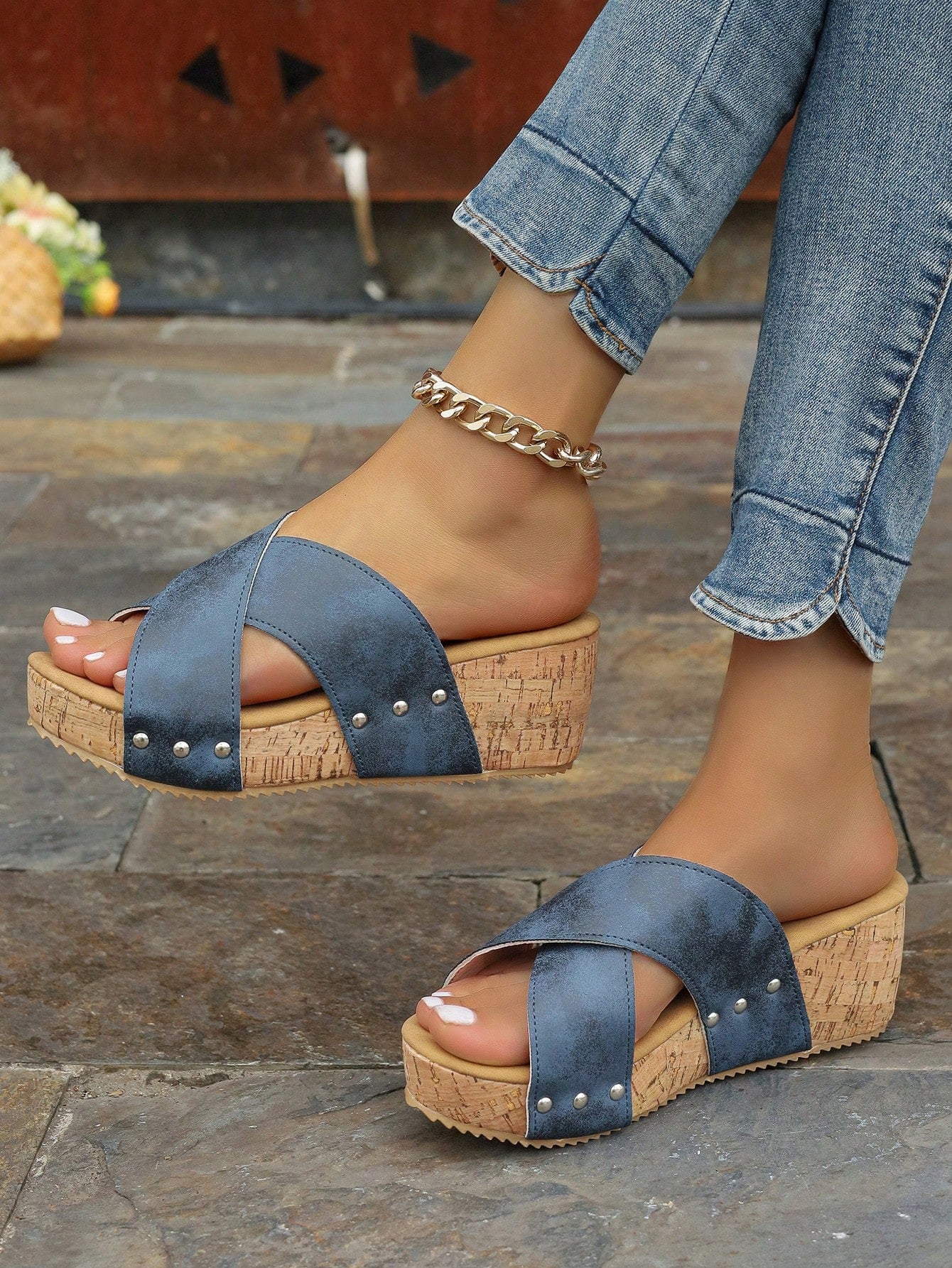 Korean Style High Heel Peep-Toe Slippers With Cork Platform For Women, Featuring Cross Straps, Rivets And Suede Wedge Heels