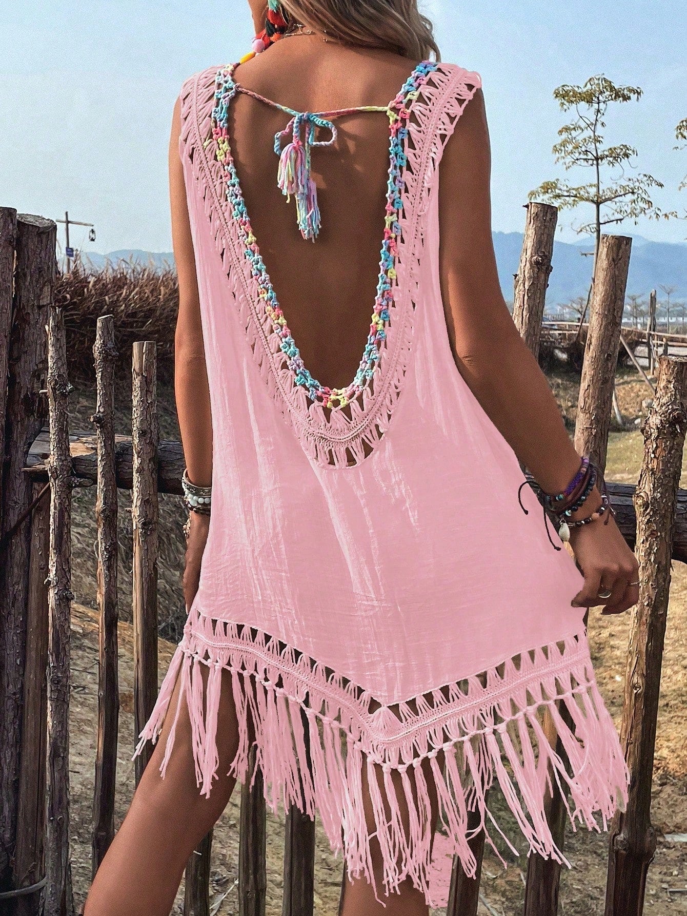 Swim Fringe Hem Tie Backless Cover Up,Summer Beach