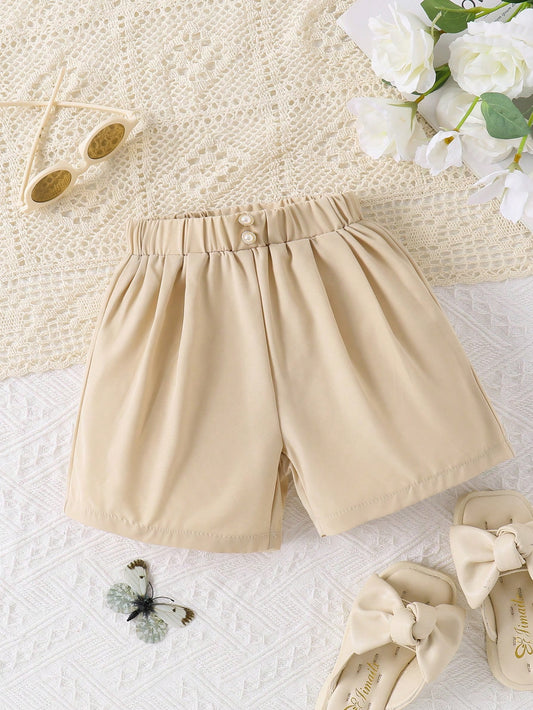 Elegant And Casual Pearl Button Shorts For Toddler Girls, Summer