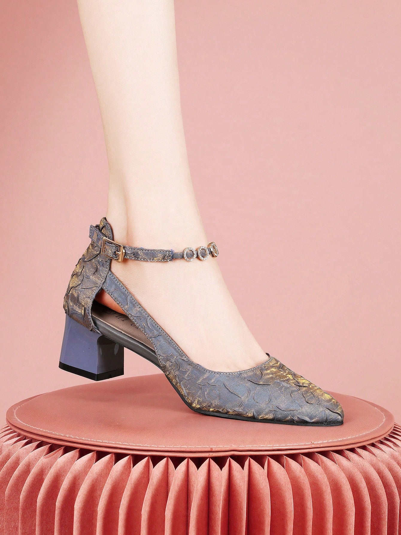 Women Rhinestone & Buckle Decor Chunky Heeled Pumps, Fashionable Outdoor Court Pumps