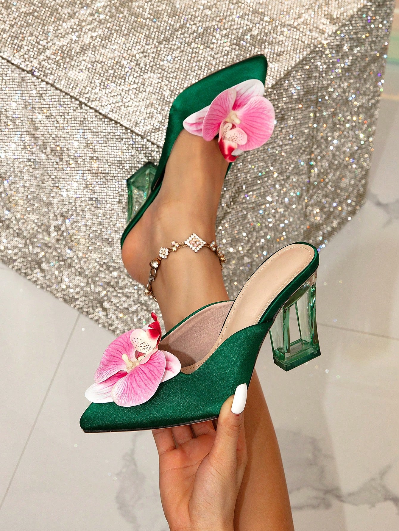 Elegant And Stylish Women's Floral High Heels, Pointed Toe Green Sandals, Crystal Clear Heels