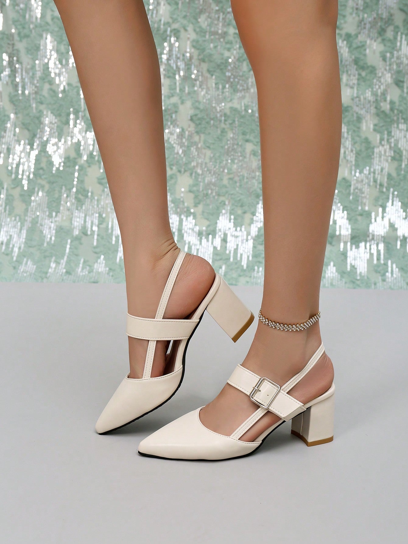 Women Chunky Heel Pointed Toe Slip-On Mule Pumps, Beige Casual High Heel Sandals