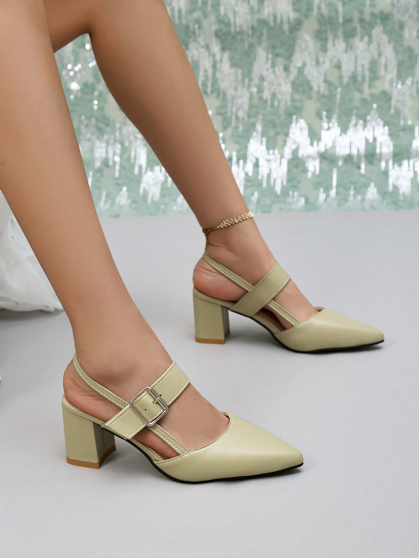 Women Chunky Heel Pointed Toe Slip-On Mule Pumps, Beige Casual High Heel Sandals