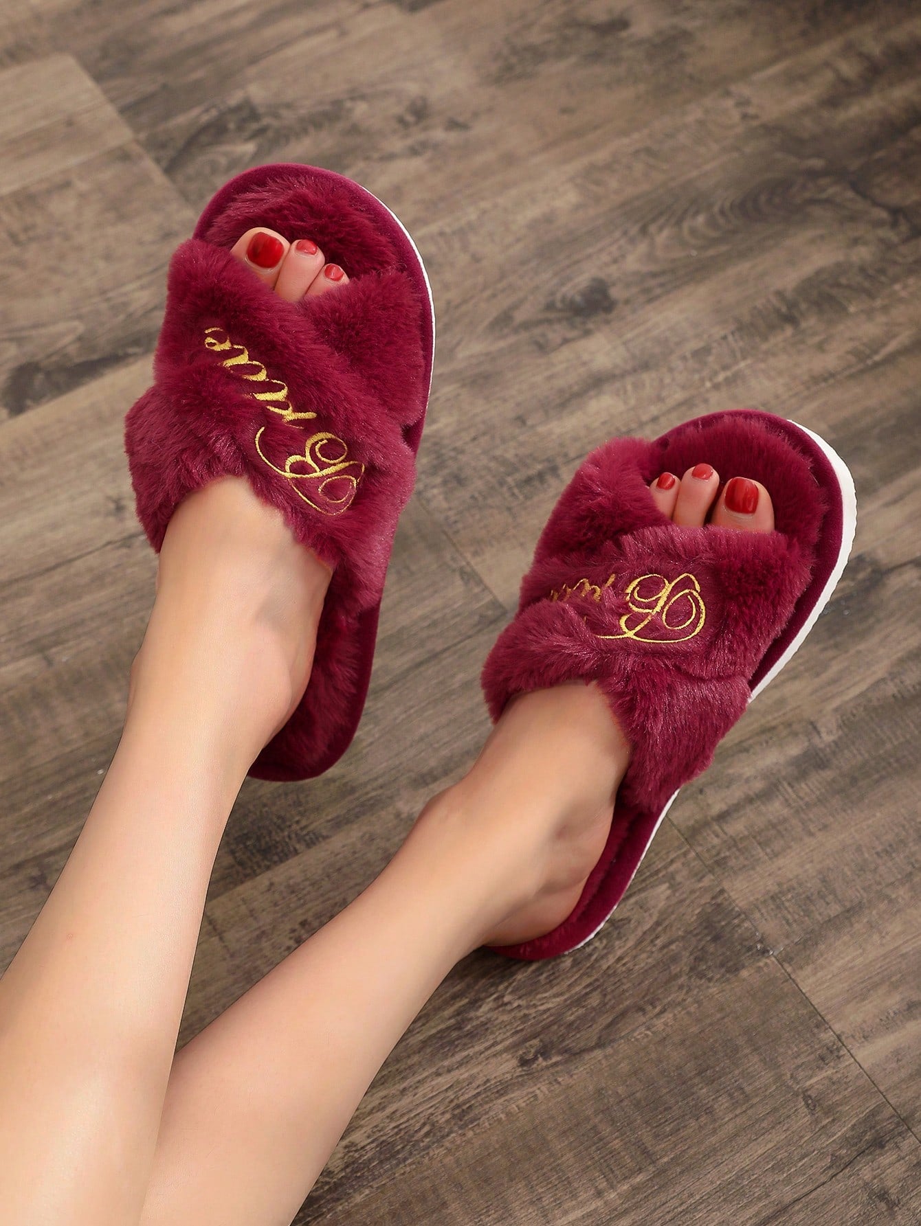 Embroidered Plush Women's Indoor Slippers, Non-Slip & Silent