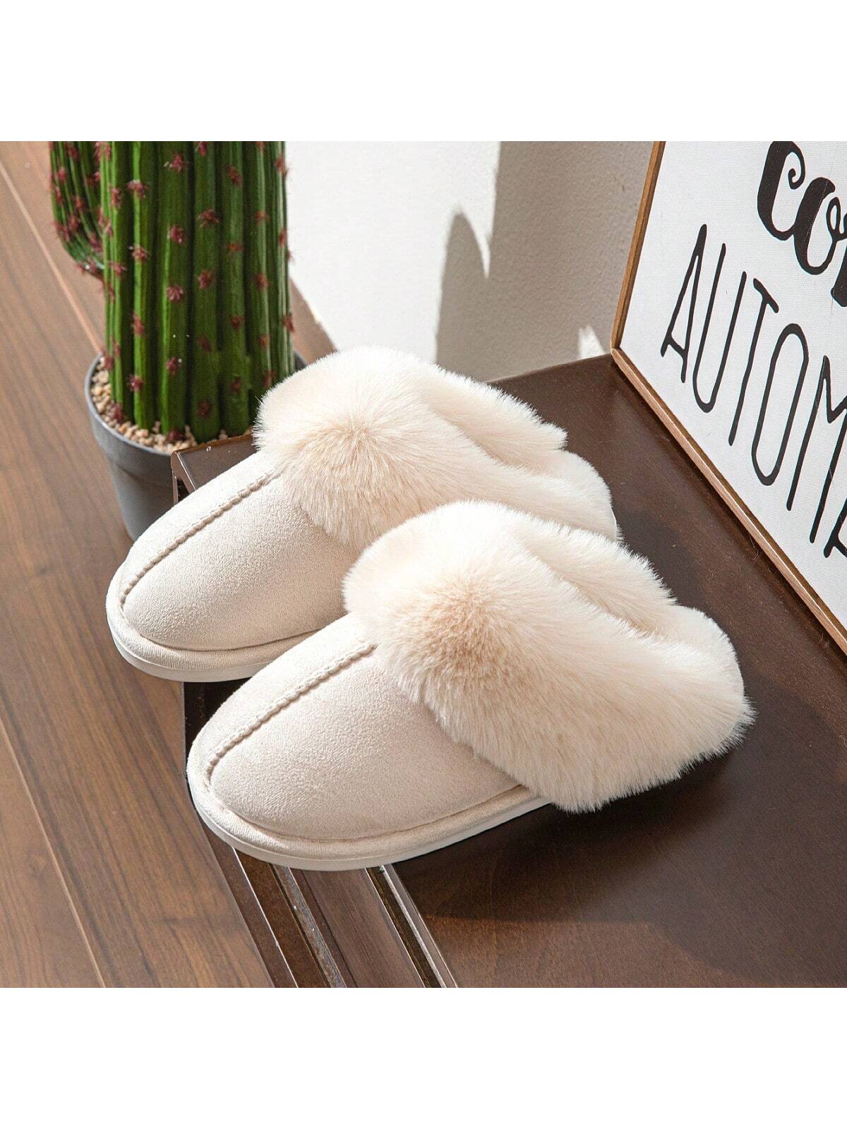 Women's New Simple Fashion Solid Color Home Slippers, Flat Anti-Skid Unisex Imitation Rabbit Fur Men's And Women's Slippers