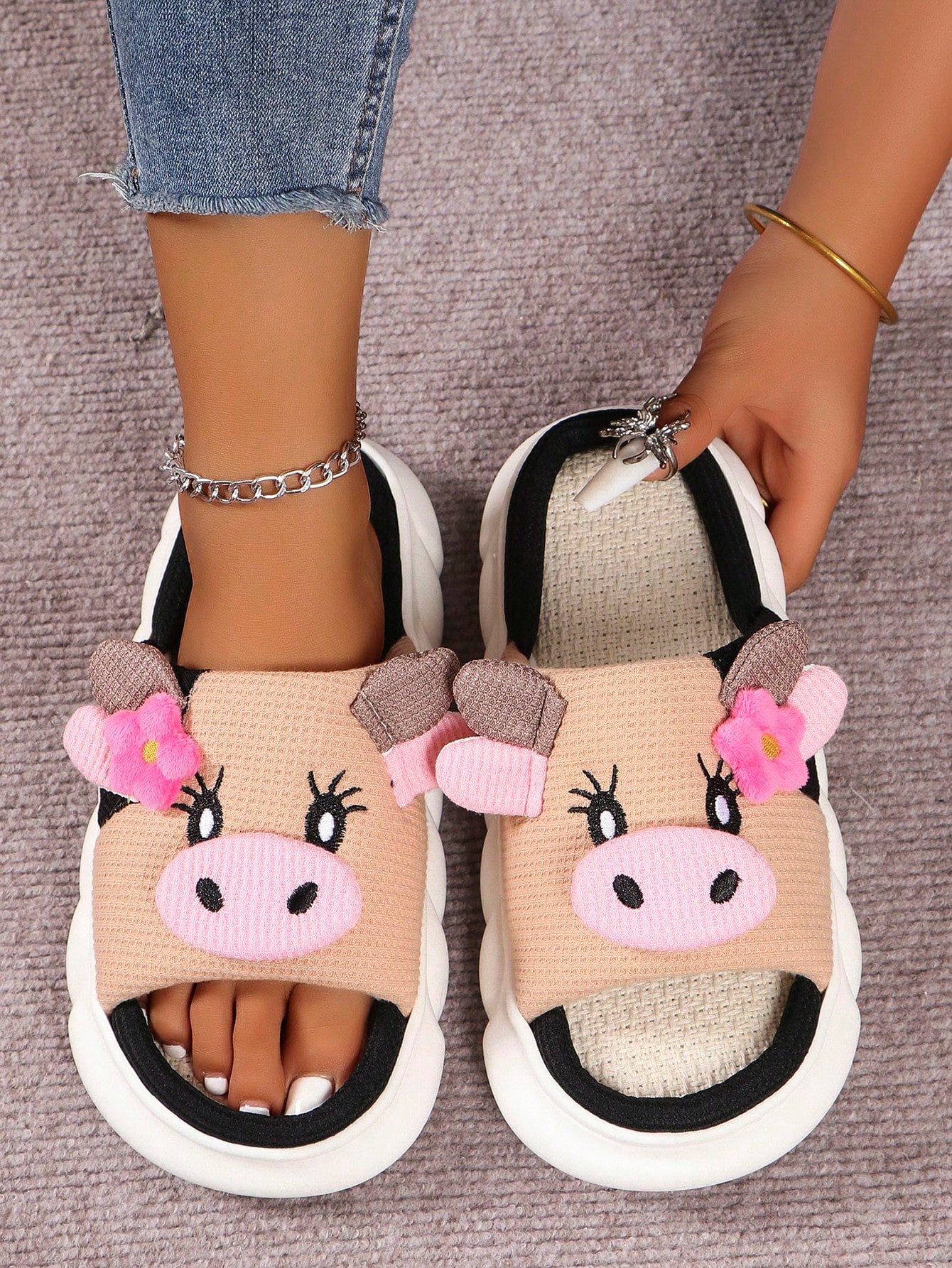 Cute Linen Cow Slippers For Women, Couples, Anti-Slip Thick Bottom Indoor Slippers