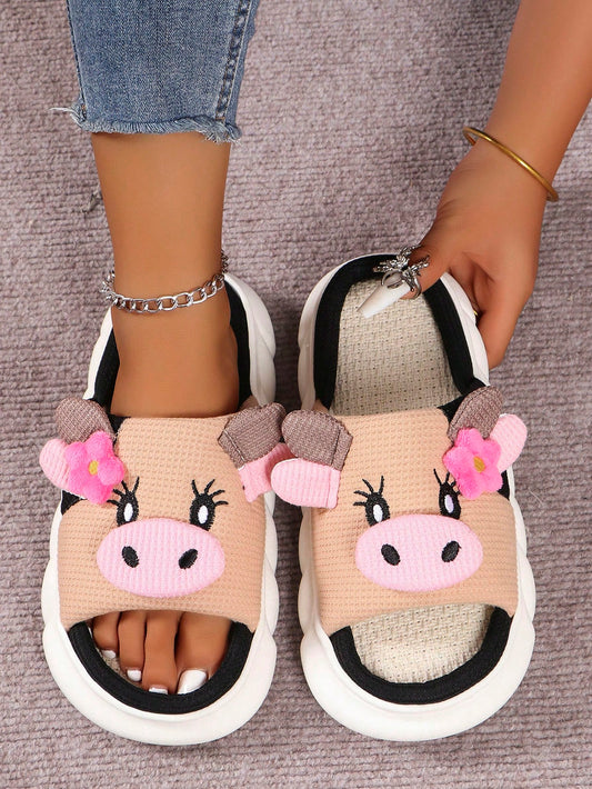 Cute Cow Linen Slippers For Women And Couples, Anti-Slip Thick Sole Indoor Sandals