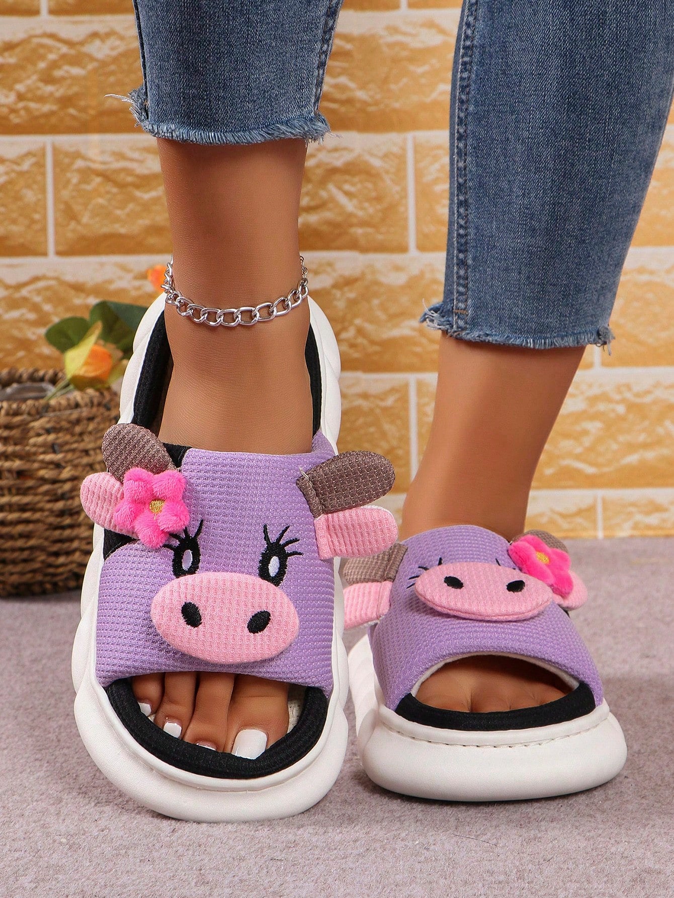 Cute Cow Linen Slippers For Women And Couples, Anti-Slip Thick Sole Indoor Sandals