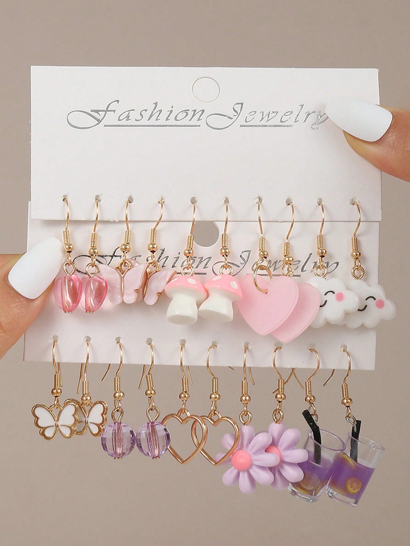 10 Pairs/Set Cute Children's Earrings Set, Including Mushroom, Butterfly, Heart, Flower And Tassel Earrings For Girls