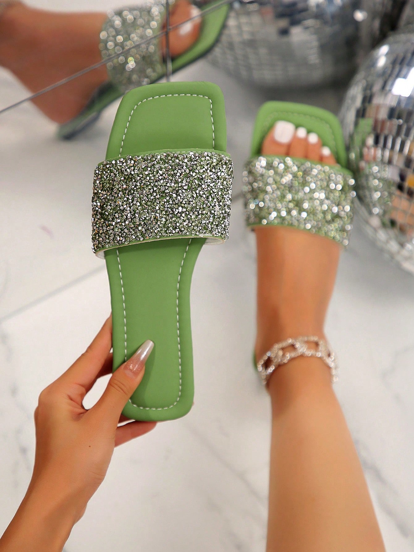 New Silver Rhinestone Green Flat Sandals For Women, Low Heeled Crystal Casual Open Toe Slippers, Perfect For Outdoors