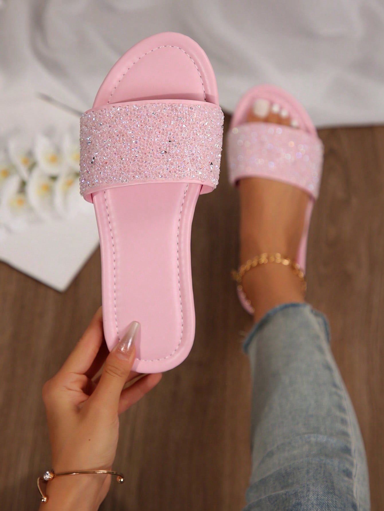 Girls' Pink Flat Sandals With Rhinestones, Emitting Fairy Vibes, Summer Essential Flat Shoes For Ladies