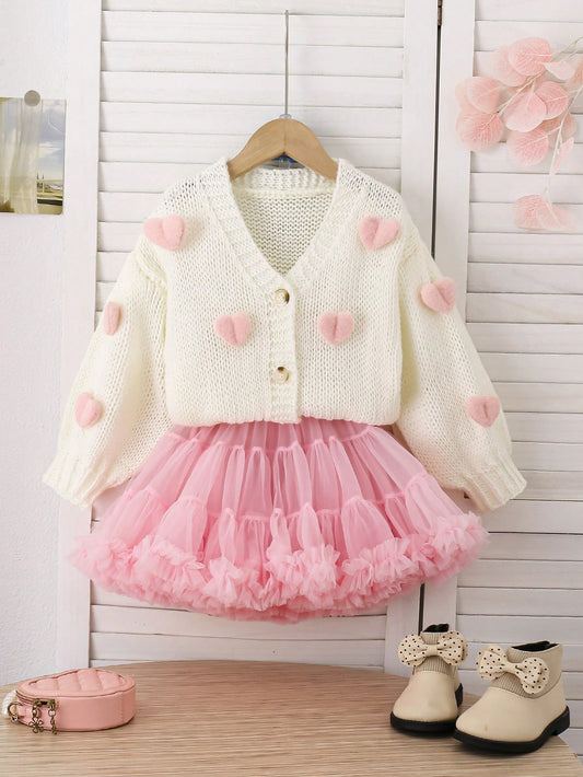 Young Girl Fashionable, Casual, Cute, Comfortable, Soft, Simple, Warm, Versatile, Elegant, 3D Heart Shaped Lantern Sleeved, Loose Knitted Cardigan Sweater, Short Length, In Beige Color; Suitable For Wearing At Home, Daily Outings, School, Playtime, Winter