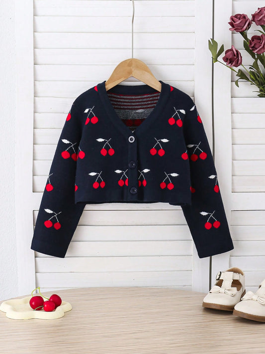 Girls' Casual Chic And Cozy Blue Cherry Patterned Cardigan, Soft And Warm, Suitable For Home Wear, Daily Outings, School, Parties, And Fall/Winter Seasons