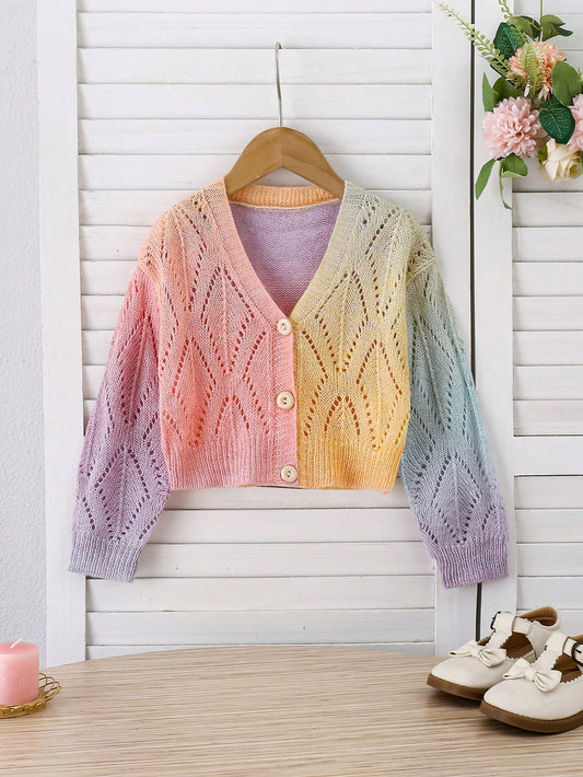 Young Girls' Cardigans, Ombre Hollow Floral Pattern Casual Cute Knit Open Front Sweater