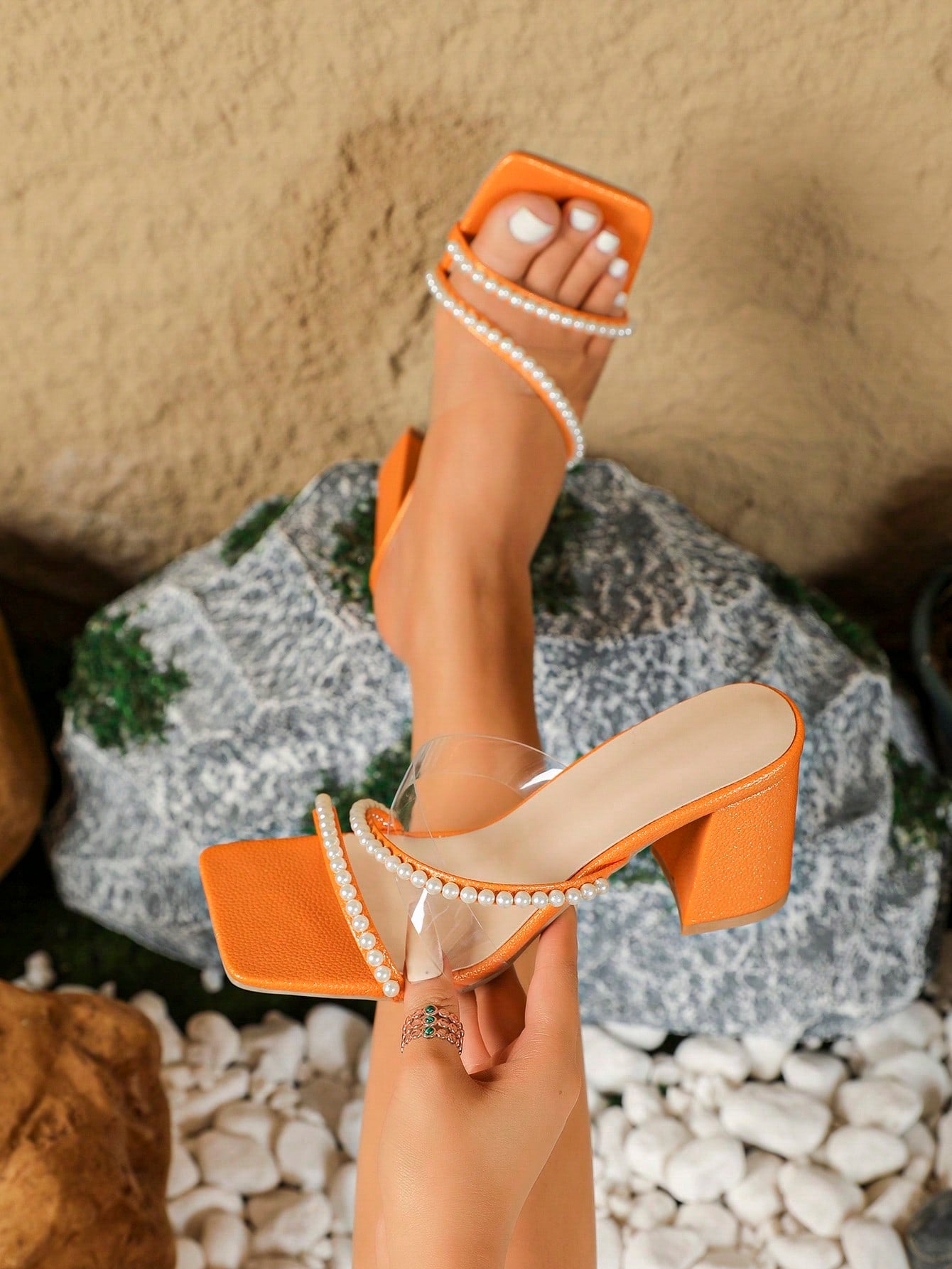 Women's High Heeled Sandals, Light Blue Color, With Pearl Decoration, Square Toe, Thick Heel, Slip-On Style, Perfectly Matched With Skirts For An Elegant, Graceful And Generous Look.