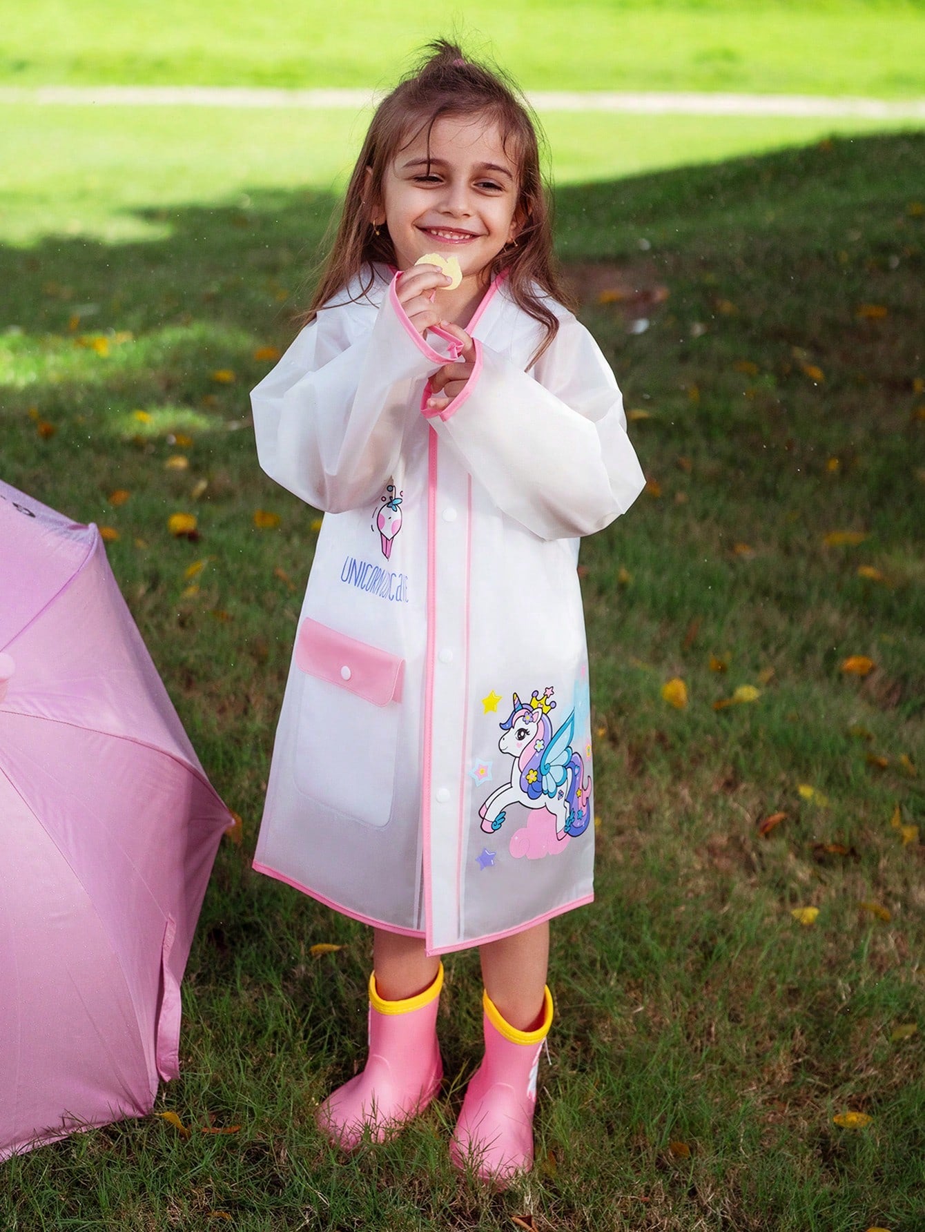 Cute Girls' Transparent Pink Raincoat With Unicorn & Cloud Print For All Seasons