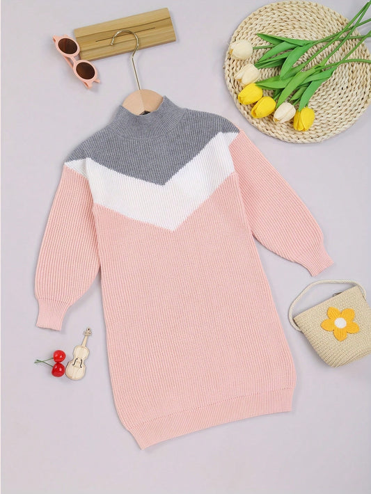 Young Girl Colorblock Stand Collar Long Sleeve Knitted Sweater Dress, Spring Autumn