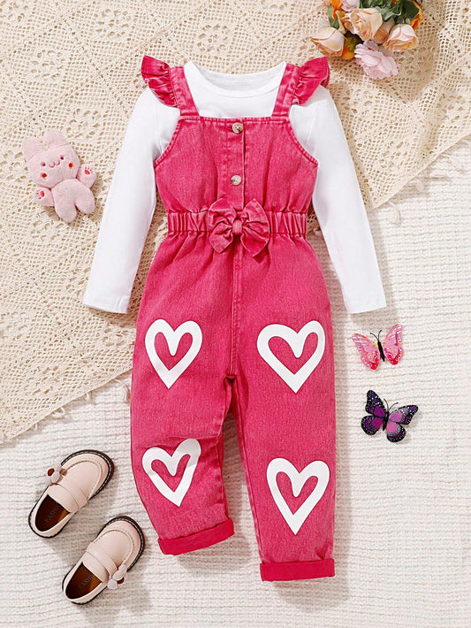 Young Girl Casual Loose Heart Print Denim Jumpsuit, Pink