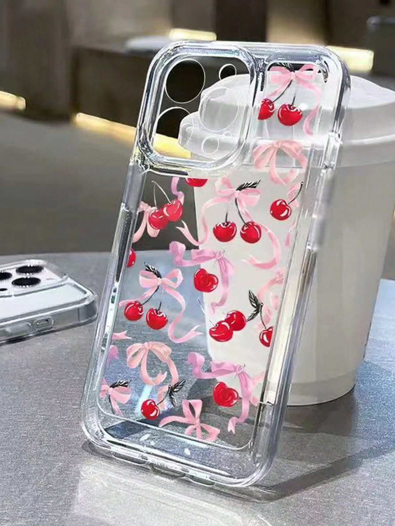 1pc Cherry Bow Pattern Full Coverage Mirror Lens TPU Protective Phone Case, For IPhone