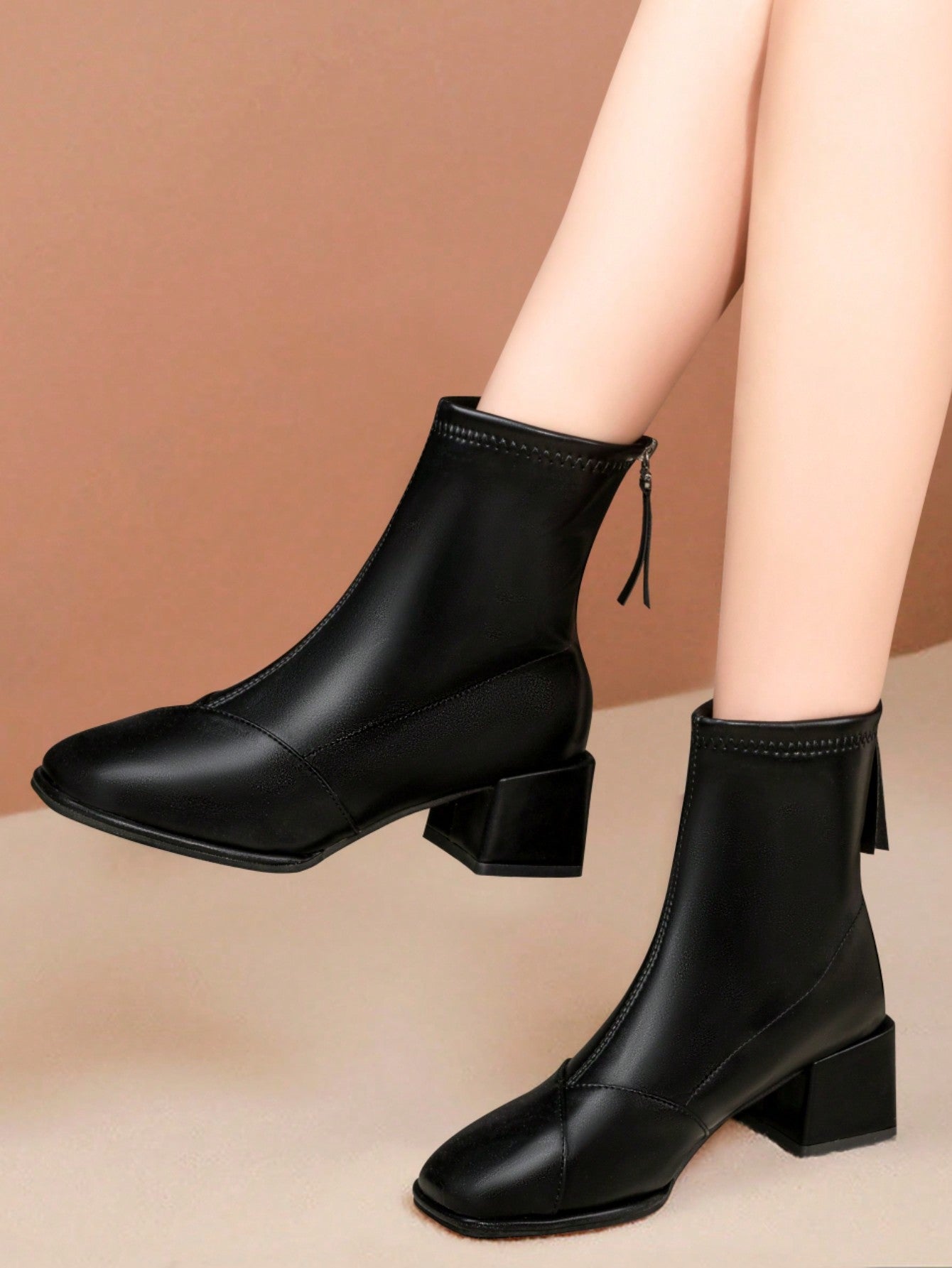 Women's French Style Chunky Heel Back Zipper Ankle Boots, Retro High Heel Skinny Boots, Fall/Winter Plush Lined Mid-Heeled  Boots