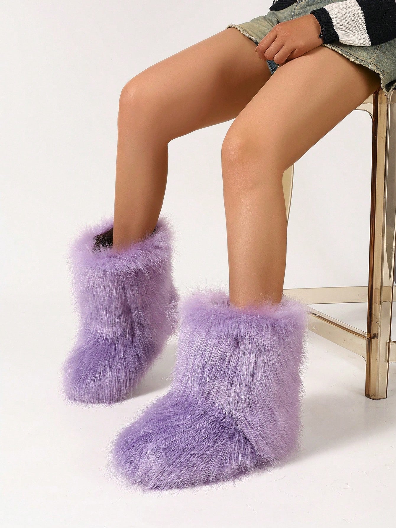 Women Winter Fox Fur Trim Flat Snow Boots, Soft Light Purple Fuzzy Boots